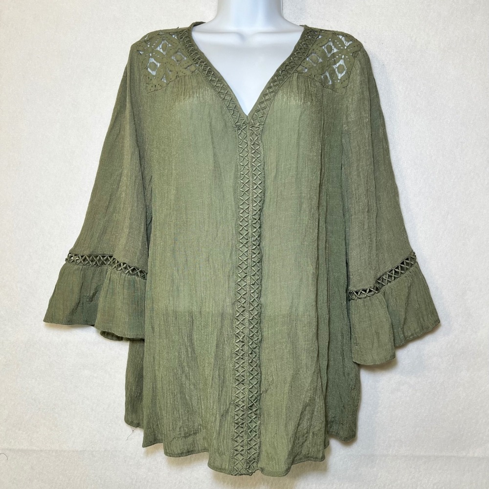 Woodland Fairy Earthy Lagenlook Boho Olive Green Crochet Lace Bell Sleeve Top M